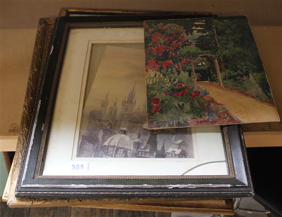 French style prin,& unframed w.col & w.col roof scene & print of lion, etching etc(-)